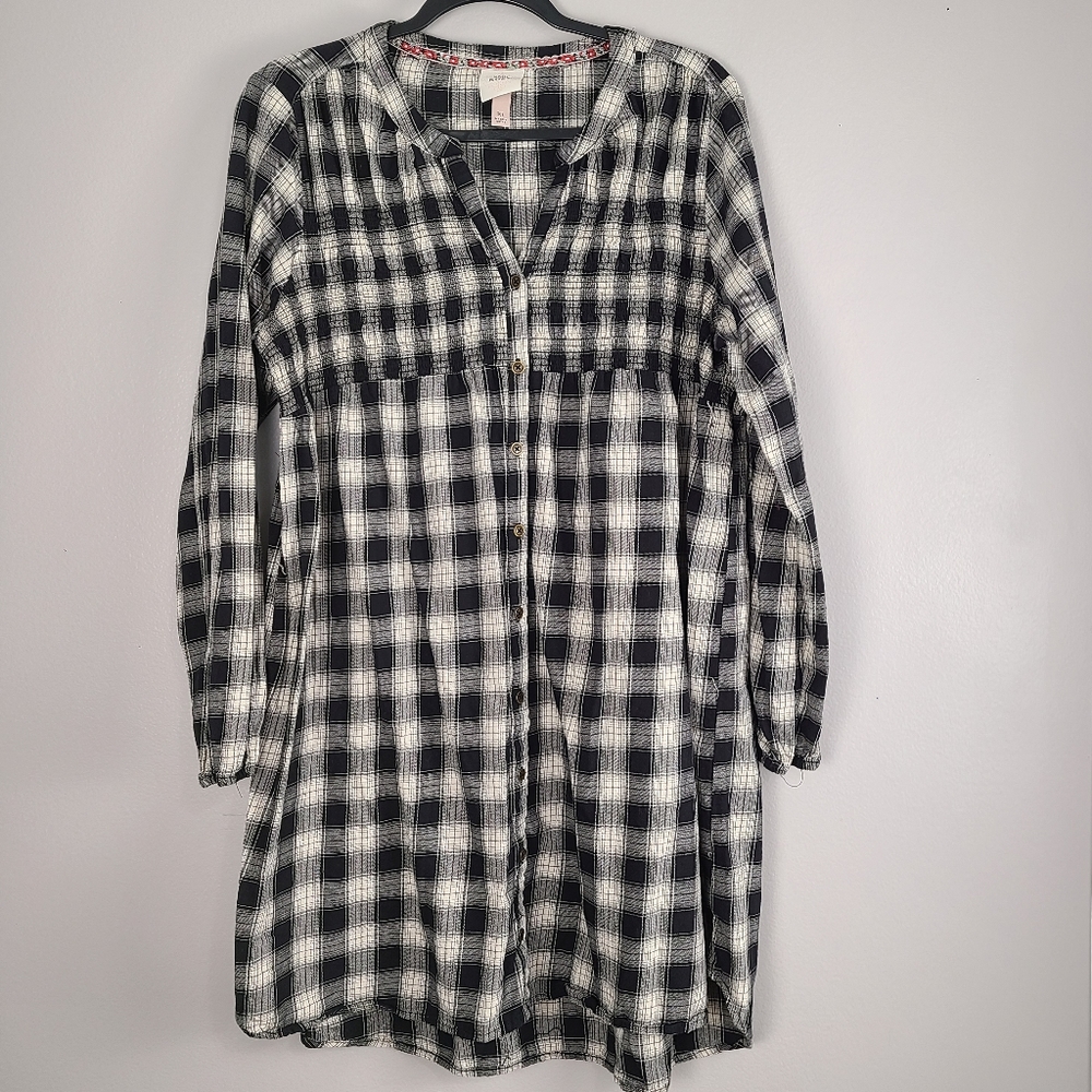 Cotton Black & White Checkered Long Sleeve Minimal Light Weight Button-up Dress